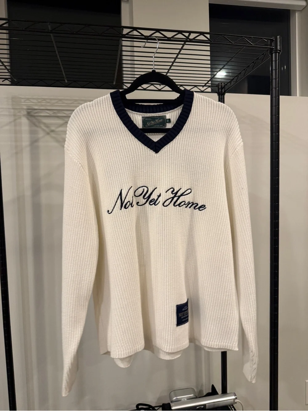 Fear of God Women's Cream V-Neck Sweater with Navy Trim
